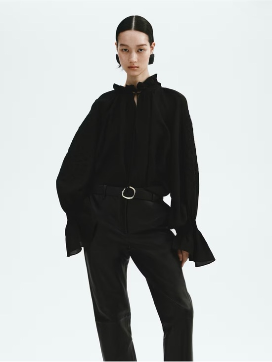 H&M Tops - NWT Linen-Blend Blouse with Embroidery on Sleeve Oversized (black) Sz Medium